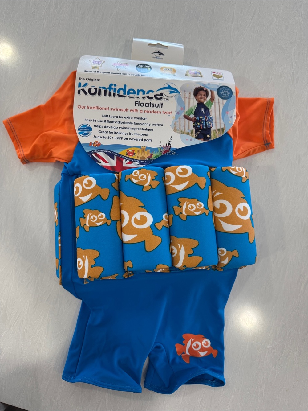 Konfidence Floatsuit XS Kids' Blue & Orange with Fish Print UPF 40 NWT